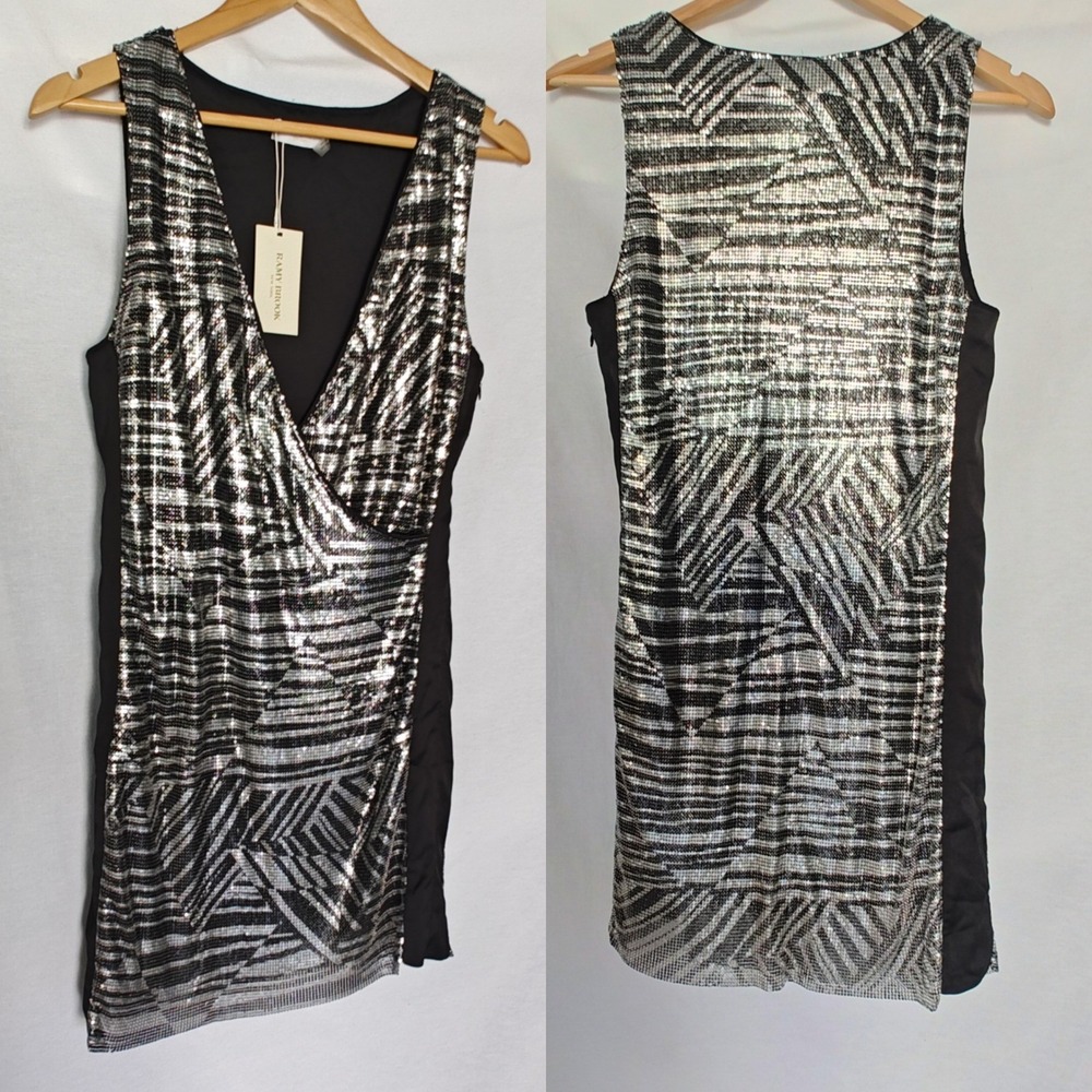 Ramy Brook Dress Printed Lola Black Silver Wrap Mini 2 Metal Relaxed Deep‎ V New